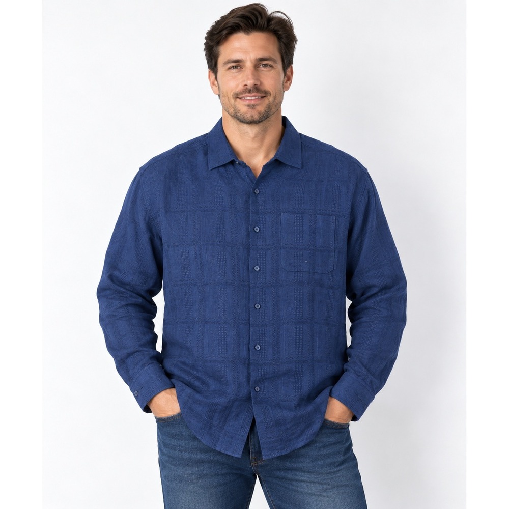 Tommy Bahama 100% Linen Shirt Mens 1XLT Navy Blue Textured Plaid Long Sleeve